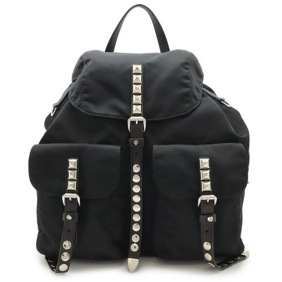 Prada Triangle Logo Backpack Studs Nylon Leather Nero Black
